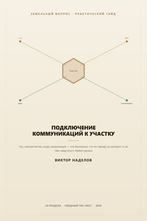 Обложка гайда «Подключение коммуникаций к участку: газ, электричество, вода, канализация»